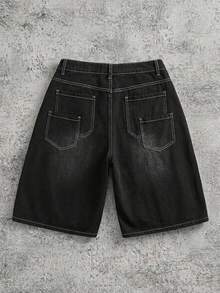 Manfinity ZONE917 Unisex American Hip Hop Style Wide Leg Denim Shorts With Pockets - Black - View 4