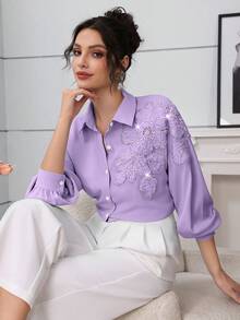 Modelyn 优雅蓝色串珠花卉落肩袖时尚女式衬衫 - 紫色 - 查看 7