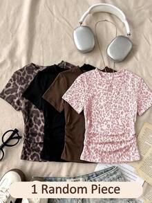 1 Random Pc Girls' Leopard Print Short Sleeve T-Shirt, 8-12 Years Old Active Round Neck Top, School, Summer Back-To-School Grey Leopard Print Black - Multicolor - View 3