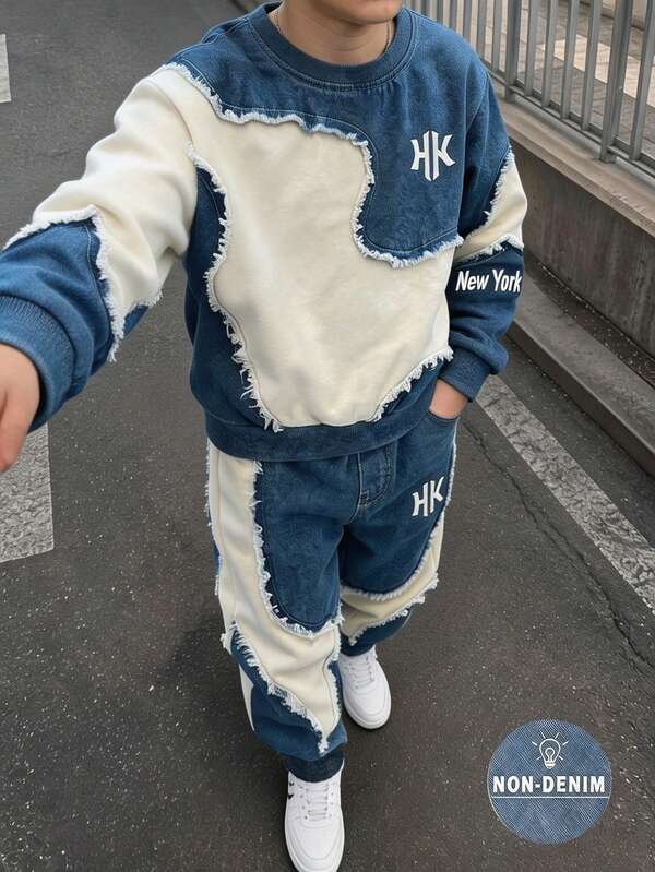 2pcs Set Teen Boy Fashionable Minimalist Comfortable Crew Neck Sweatshirt & Sweatpants Outfit, Cool Geometric Patchwork All-Over Print Design, English Letter Print, Suitable For Holiday Parties, Casual Wear, Spring/Autumn/Winter Streetwear, Outing, Back To School, Party