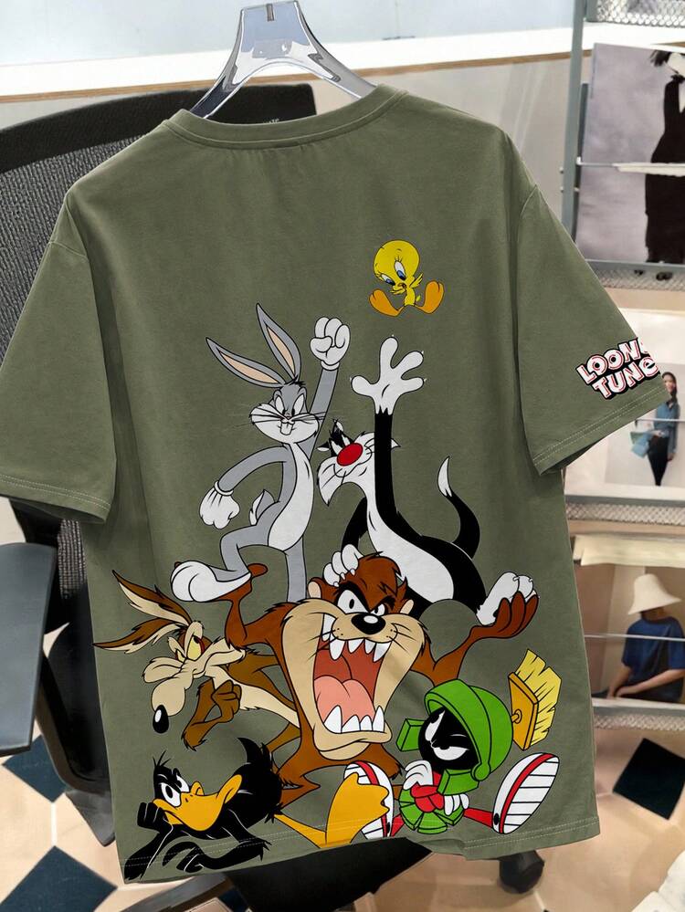 LOONEY TUNES X SHEIN Daypath Áo thun nam mùa hè phong cách thường ngày in họa tiết hoạt hình - Màu xanh Ô liu - Xem 2