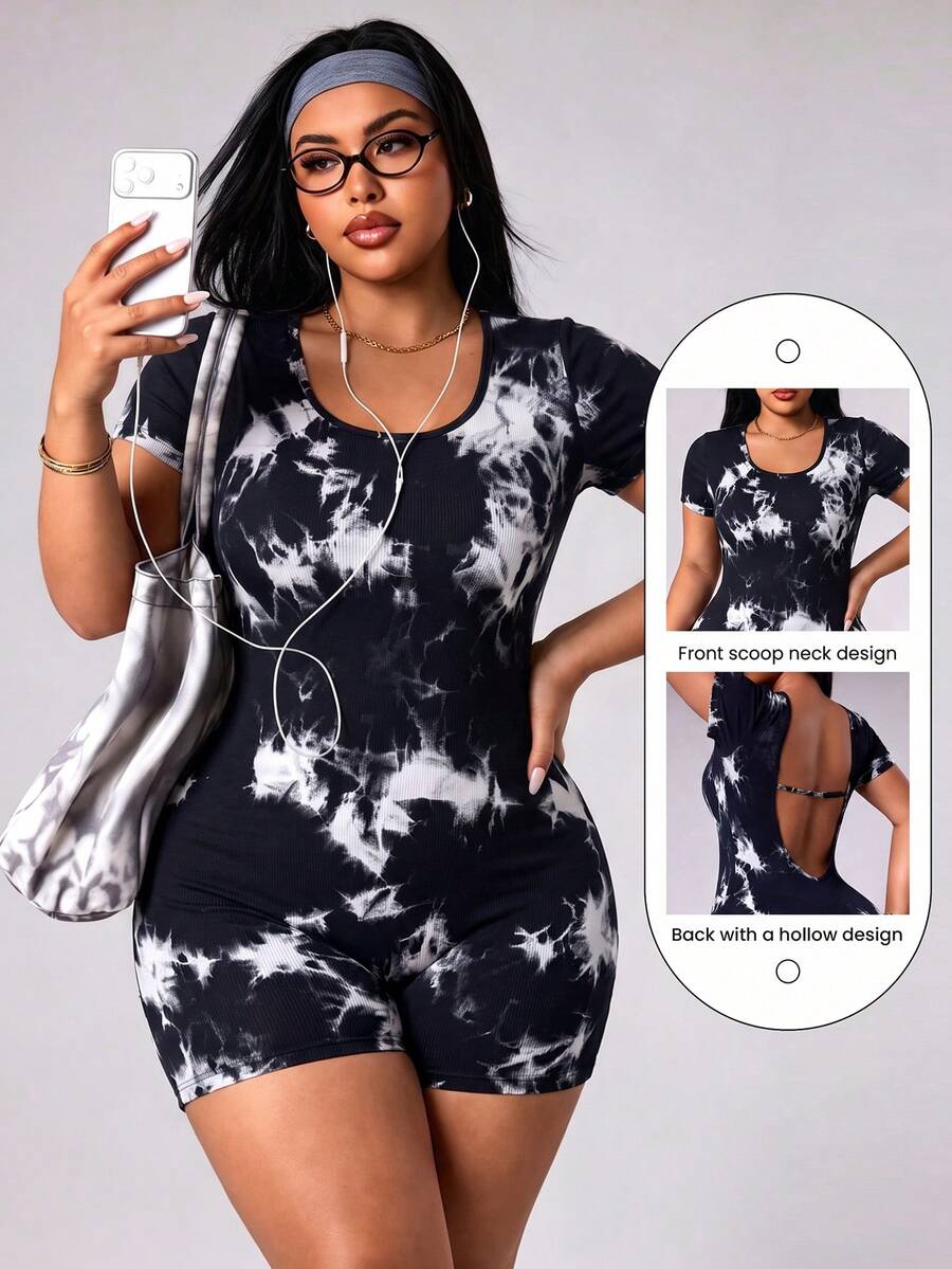 SHEIN Unity Plus Size Women's Tie Dye Short Sleeve Yoga Romper - Black - View 1