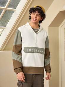 Whitmere Men's Hooded Color Block Half-Zip Jacket With Letter Embroidery, Casual Streetwear Sports Coat - Olive Green - View 4