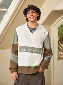 Whitmere Men's Hooded Color Block Half-Zip Jacket With Letter Embroidery, Casual Streetwear Sports Coat - Olive Green - View 5