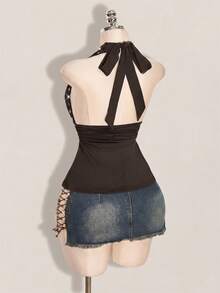SHEIN ICON 萬聖節女款掛脖露背黑色娃娃裝背心 - 棕色 - 查看 2
