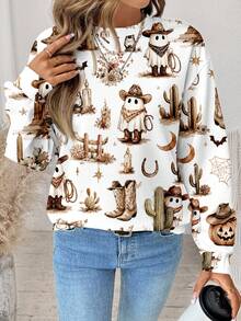 SHEIN LUNE Women's Halloween Bull Head & Pumpkin Goblin Print Sweatshirt, Autumn/Winter - White - View 3