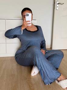 Dream Adore Plus Size Casual Polka Dot Set, Square Neck Lace Patchwork Trim, Ruffle Hem Long Sleeve Long Pants Loungewear, Comfortable Home Sleepwear Set - Dark Grey - View 7