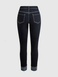 ROMWE Y2K Casual Hot Girl Cuffed Hem Design Skinny Denim Cropped Pants Travel Navy Blue - Blue - View 2