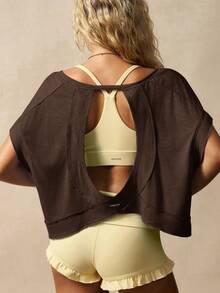 VARSIVA Loose Back Hollow Out Cropped Sports T-Shirt - Coffee Brown - View 1