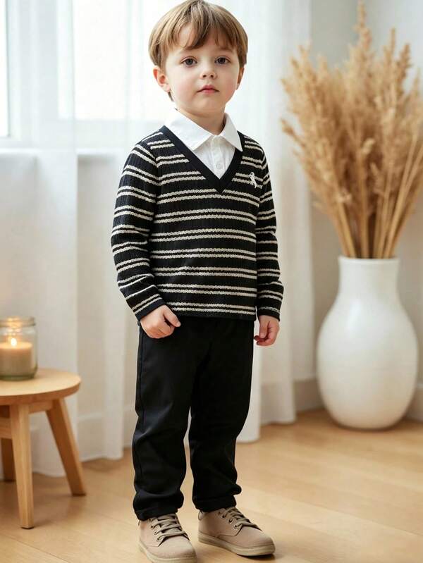 SHEIN 2pcs Young Boy Set, Children's Knitted Comfortable Long Sleeve Polo 2 In 1 Sweatshirt, Fashionable And Handsome Small-Medium Children's Chest Print Niche Design Top Paired With Khaki Casual Long Pants, Featuring Elastic Waist Design, Loose Fit, Suitable For Various Autumn Occasions Such As Vacation, School, Daily Outings, Etc.