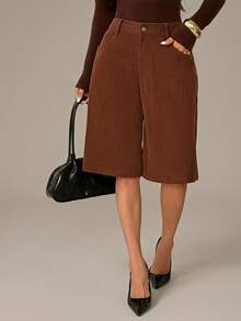 SHEIN PETITE Women's Solid Color Pocket Casual Versatile Knee Length Shorts Bar Daily Work Shades Of Brown Autumn,Shorts For Women,Petite,Office Casual,Vacation - Brown - View 9