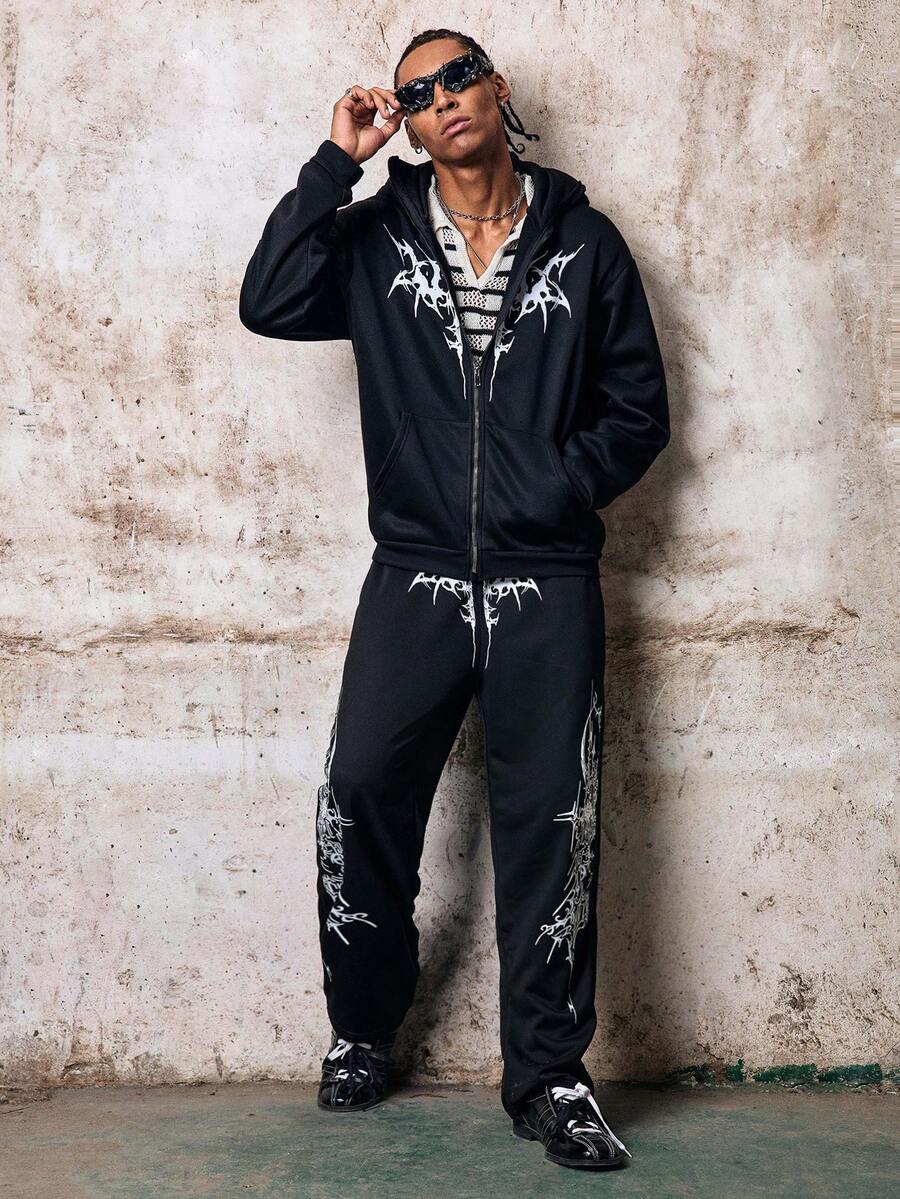 Skyrend Men Fashion Street Zip-Up Hoodie With Dual Hoods And Mask, Sweatpants Set, Fall Clothes Grunge - Black - View 1