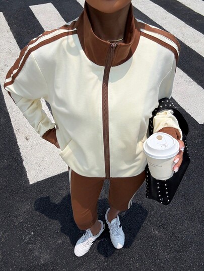 Muchica Women's Vintage Sporty 2 Piece Tracksuit Set, Cream Zip-Up Jacket & Brown Contrast Stripe Capri Pants, Casual Fall Streetwear Outfit