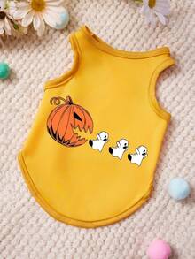 PETSIN 1pc Cute Pumpkin Chase White Ghost Printed Pet Tank Top Yellow Breathable Soft And Comfortable Pet Clothes - Multicolor - View 1