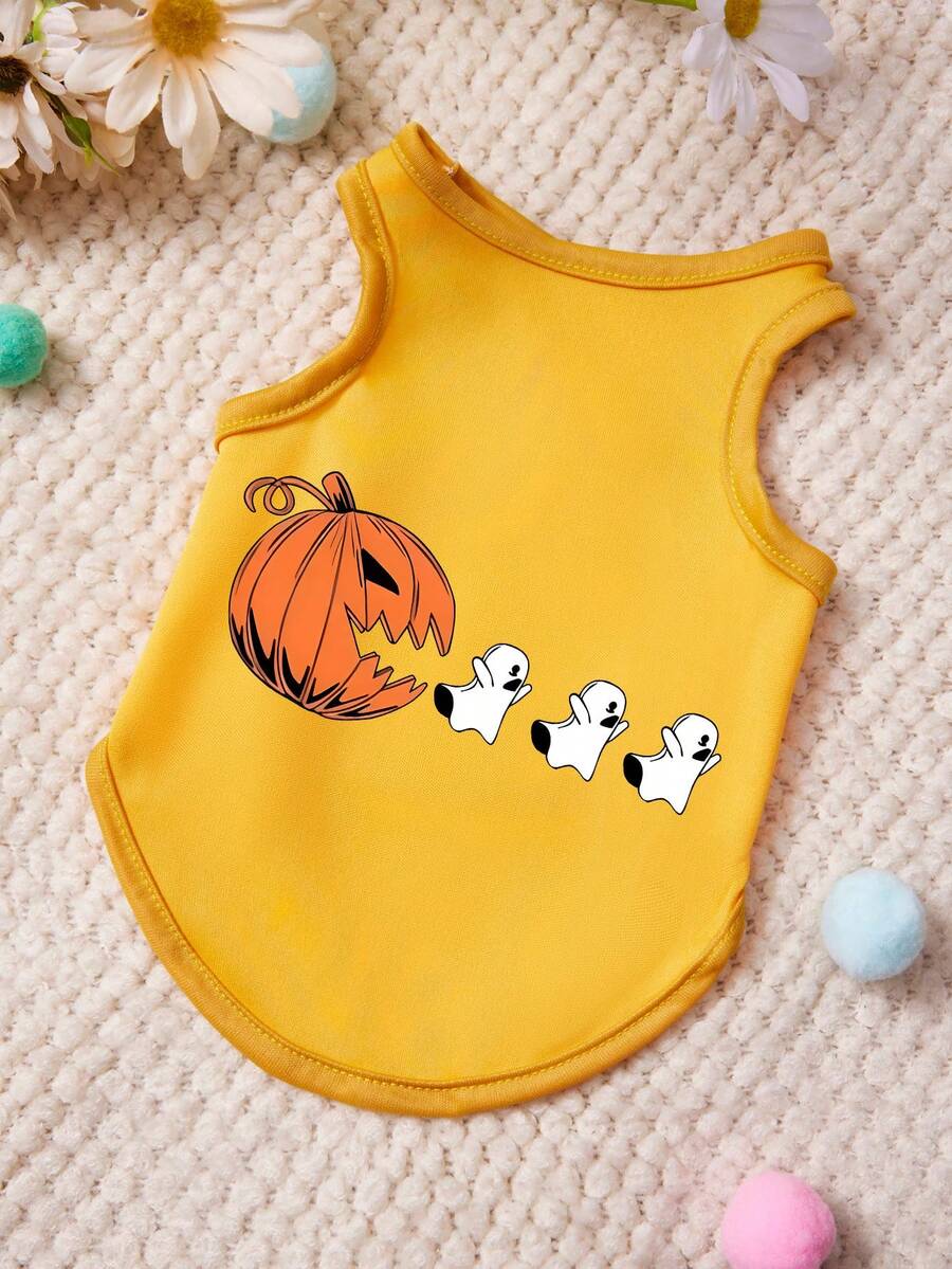 PETSIN 1pc Cute Pumpkin Chase White Ghost Printed Pet Tank Top Yellow Breathable Soft And Comfortable Pet Clothes - Multicolor - View 1