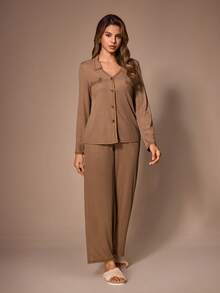 Lazeform Women's Vintage Textured Lapel Long Sleeve Wide Leg Drape Elastic Loungewear Set - Coffee Brown - View 5