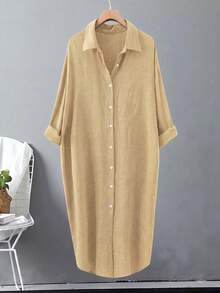 Linhara Women's Plus Size Solid Color Shirt Dress, Minimalist Lapel Single-Breasted Long Asymmetrical Hem, Versatile Commute Casual Loose Fit, Autumn Khaki - Khaki - View 1