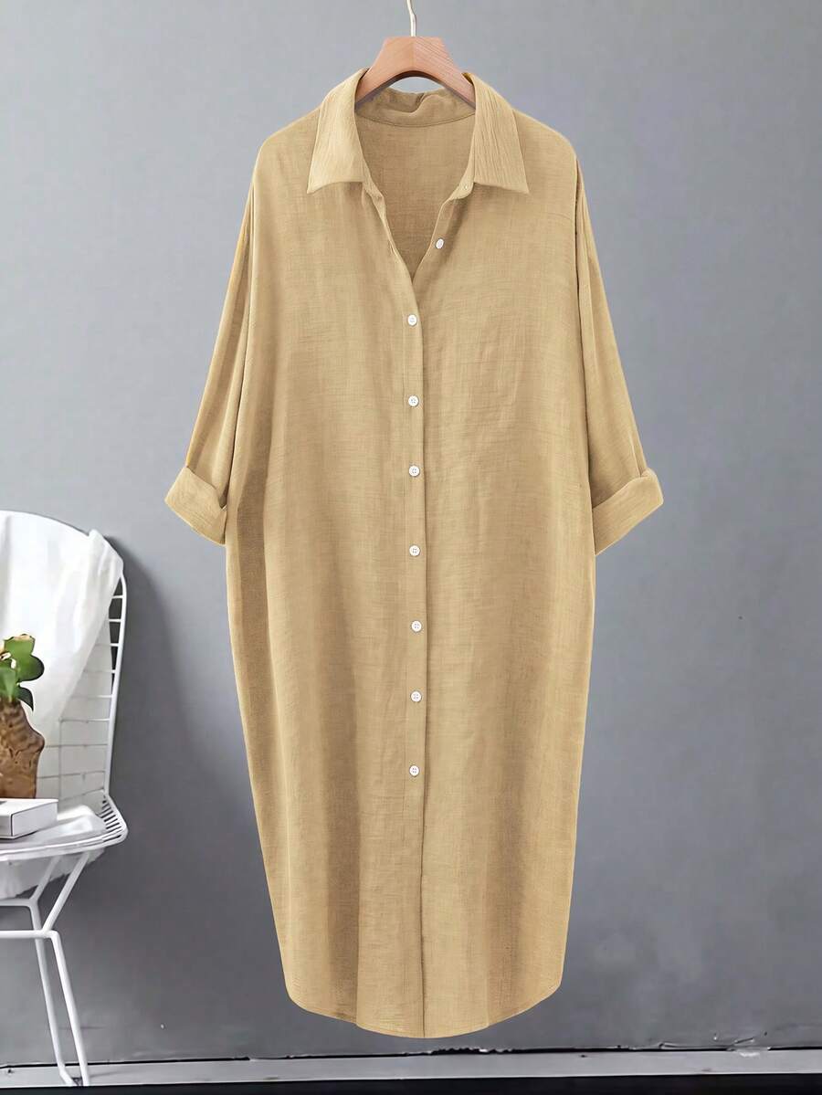 Linhara Women's Plus Size Solid Color Shirt Dress, Minimalist Lapel Single-Breasted Long Asymmetrical Hem, Versatile Commute Casual Loose Fit, Autumn Khaki - Khaki - View 1