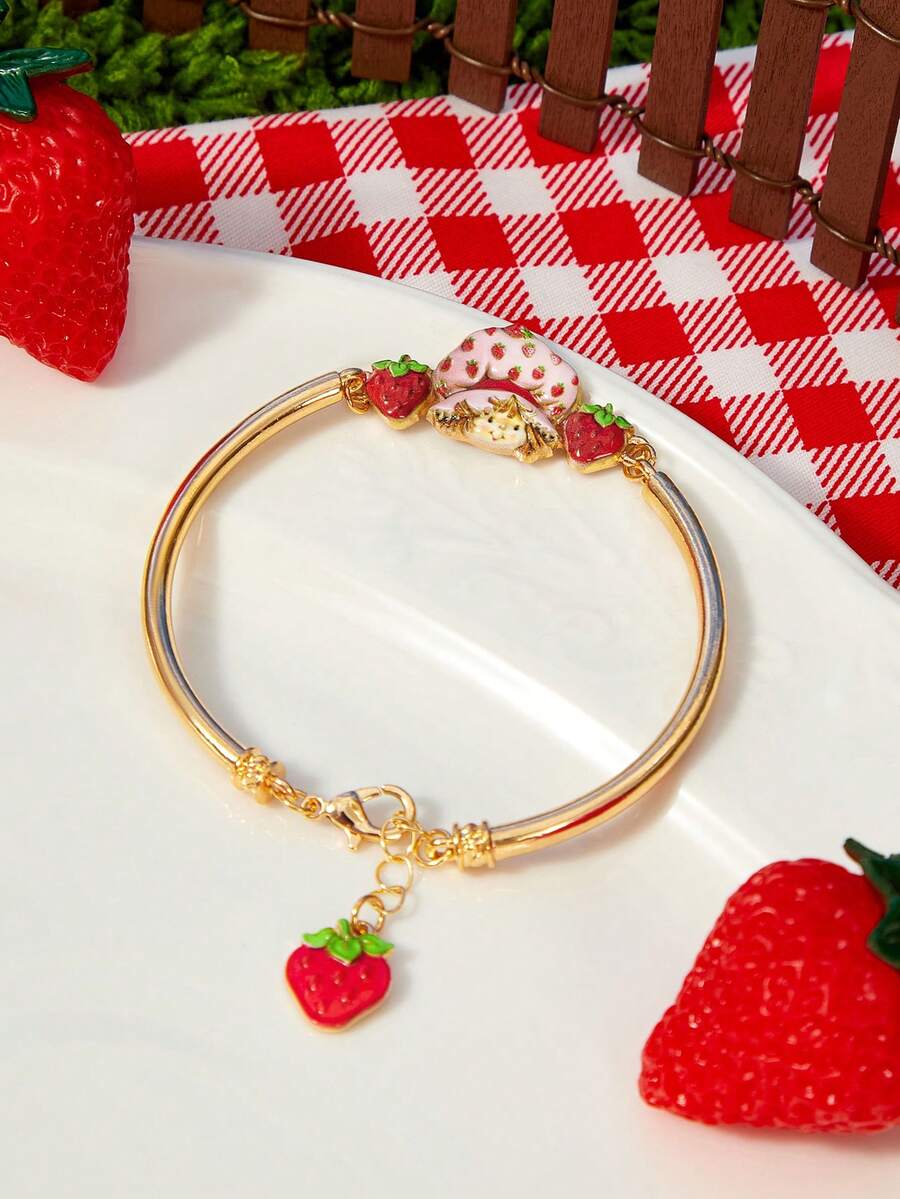 Strawberry Shortcake X SHEIN Nueva pulsera colgante con estampado de patrón de dibujos animados multicolor creativo, diseño de articulación IP, adorable y personalizada, simple y generosa, también se puede usar como accesorio - Dorado - Ver 1
