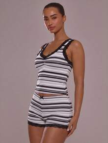 MUSERA Pink Multi Colour Stripe Lace Trim Ruched Bow Detail Bust Cami Vest Top With Fitted Bow Detail Mini Short Boyshort Boxer Coord Sold As 2 Piece Set - Black - View 3