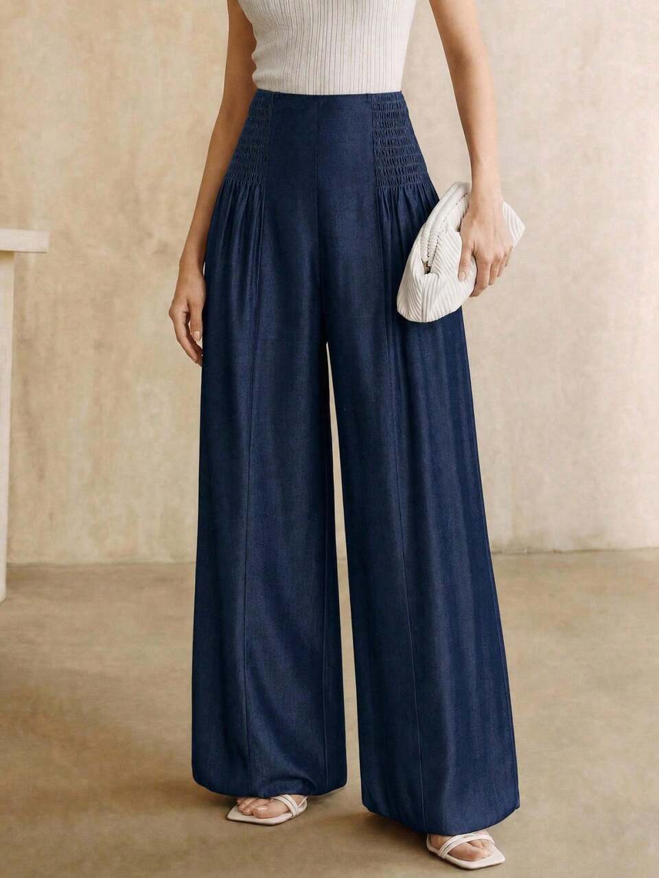 Anewsta Modern Elegant Casual Navy Blue Pants Women's Holiday Washed Effect Pleated Drawstring Cuffed Wide Leg Brunch Daily Autumn