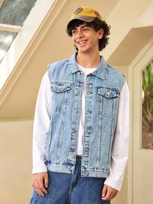 Whitmere Men's Denim Sleeveless Jacket Casual Trucker Vest, Light Color, Street Style, Suitable For Spring/Autumn - Light Wash - View 6