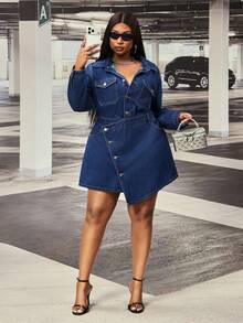 Slaydiva Women's Plus Size Fashion Single-Breasted Asymmetrical Long Sleeve Mini Dress, Autumn - Dark Wash - View 5