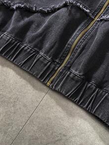 ROMWE MEN Men's Plus Size Frayed Hem Zipper Front Hooded Denim Jacket - Black - View 6