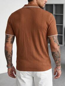 Manfinity Homme 休閒男士字母印花條紋短袖 Polo 衫 - 棕色 - 查看 2