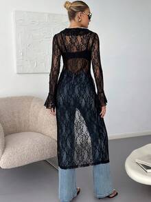 Lavishia Women's Elegant Sexy Long Lace Ruffle Top,Fall/All-Season Rave Renaissance Fair Hippie Music Festival Gyaru Party Lace Straps Ruffle Ribbon Long Coat - Black - View 9