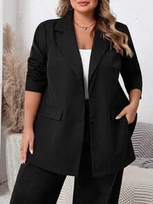 SHEIN CURVE+ Plus Size Solid Color Front Button Belted Elegant Business Casual Long Sleeve Blazer Jacket,Summer, 2026 22W Office Dates Formal Black - Black - View 8
