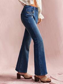 Willow Rêve Women's Navy Blue High-Waist Flared Jeans, Solid Washed Denim Chain-Decor Button Pockets, Retro Street 90s Vintage 70s Summer Everyday Night Out - Blue - View 5