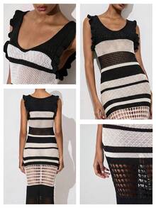 Maija Women's Colorblock Striped Hollow Knit Dress - Black and White - View 7