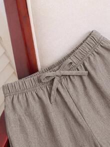 SHEIN Tween Girl 2件組 對比色V領短袖上衣與休閒長褲套裝 - 卡其色 - 查看 4