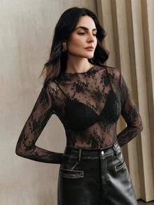 Anewsta Women's Solid Color Lace See-Through Sexy Long Sleeve Top - Black - View 4