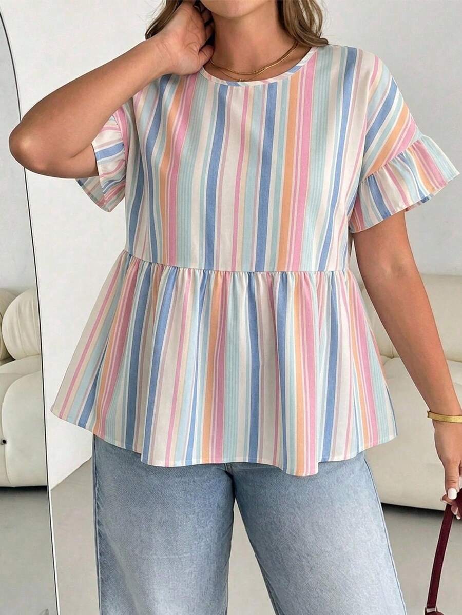 Shapeblank Women's Casual Colorblock Striped Print Plus Size Round Neck Ruffle Short Sleeve Blouse, Summer - White - View 1