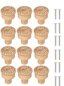 12 Pieces Natural Rattan Round Cabinet Knobs Wooden Drawer Pulls Handles Brown Finish For Kitchen Living Room Bedroom Wardrobe Furniture Decor - multicolor - View 13