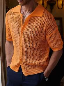 RivetRise Men's Solid Color Short Sleeve Hollow Knit Top - Coral Orange - View 6