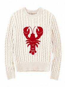 Elamini Women's Autumn/Winter Casual Elegant Coastal Chic Versatile Lobster Embroidered Pattern Rope Knit Sweater Vacation Beach White Red - Beige - View 3