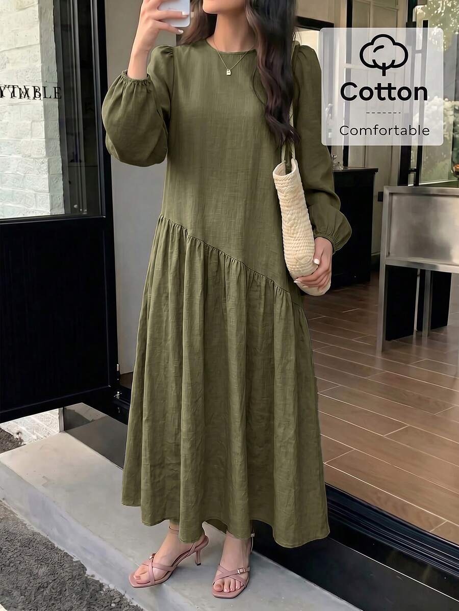 Solavon New Asymmetrical Loose Fit Comfortable Vacation Versatile Linen Dress - Army Green - View 1