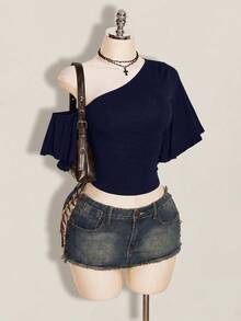 SHEIN ICON 女款素色不對稱領休閒百搭日常上衣 - 藏蓝色 - 查看 9