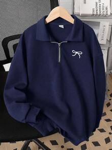 SHEIN 青少年女孩休閒基礎款半拉鍊高領精緻蝴蝶結刺繡花卉灰色保暖內裡加厚套頭衛衣 秋冬款 - 藏蓝色 - 查看 4