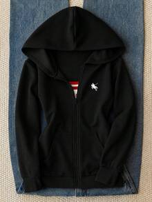 青少年女孩休閒運動款黑色小馬刺繡裝飾連帽開襟衛衣，秋冬款 - 黑色 - 查看 6