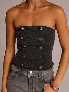 SHEIN BAE Sexy Fashion Black Washed Napoleon Tube Top Denim Blouse - Black - View 6
