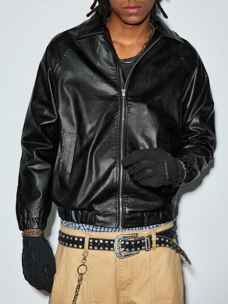 Modcrash Men's Long Sleeve Casual Solid Color Faux Leather Jacket, Autumn/Winter, Grunge Fall/Autumn/Winter - Black - View 1
