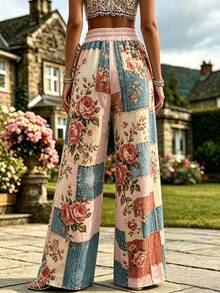 Selamara Vintage Rose Patchwork Print Drawstring WideLeg Casual Pants - Multicolor - View 2