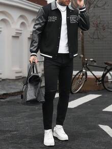 Manfinity CasualCool 男士純色拼接前開扣長袖字母印花休閒棒球夾克，隊服夾克 - 黑色 - 查看 4