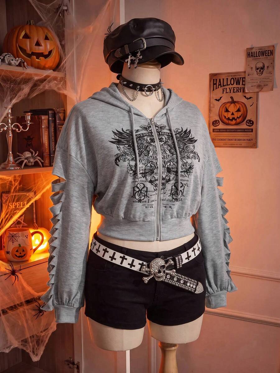 Comfortcana Plus Size Women's Letter Wing Print Zip-Up Casual 90s Sweatshirt Office Work Gray Autumn - Light Grey - View 1