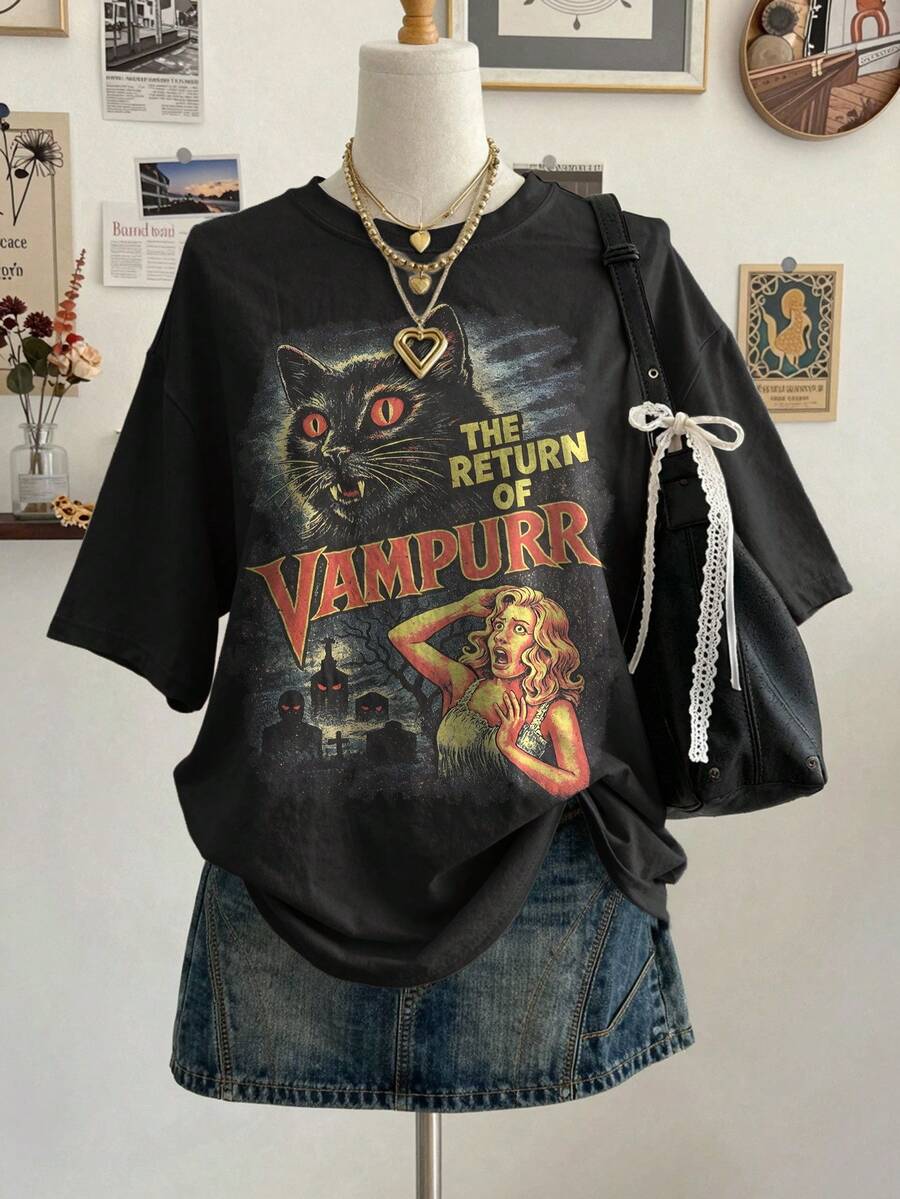 Lalippa 女款大尺碼貓咪角色印花圓領寬鬆版型T恤 - 黑色 - 查看 1