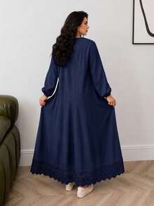 Solavon Plus Size Women Solid Color Pleated Casual Daily Summer Dress - Navy Blue - View 2